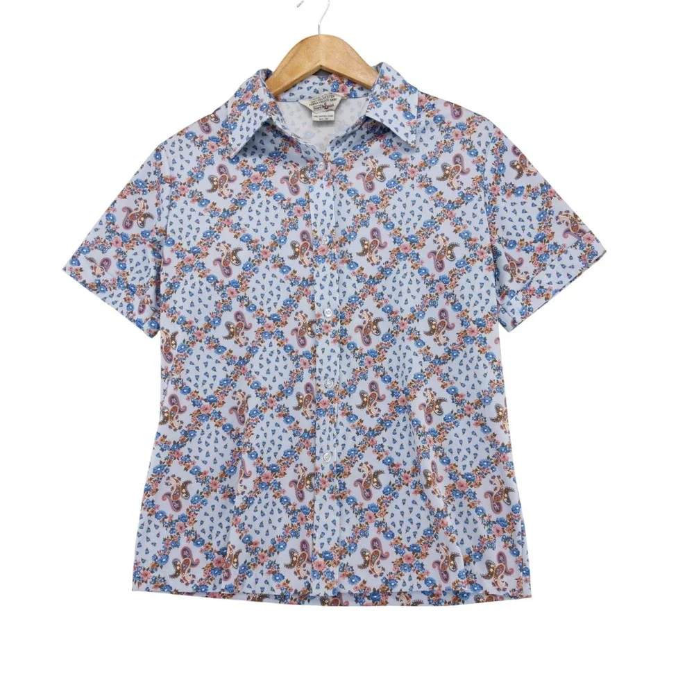 Vintage 70s Sears The Shirt Button Up Women 16 Blue Floral Paisley Short Sleeve